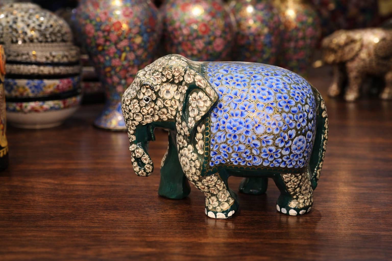 Paper mache elephant sculpture, Handmade Elephant Family Set , Wooden Elephant set, hand painted paper mache sculpture from Kashmir, 8 inch